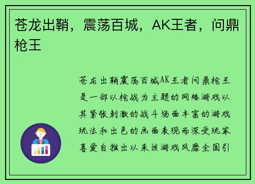 苍龙出鞘，震荡百城，AK王者，问鼎枪王