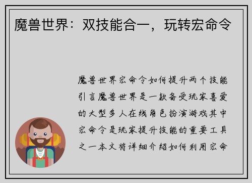 魔兽世界：双技能合一，玩转宏命令